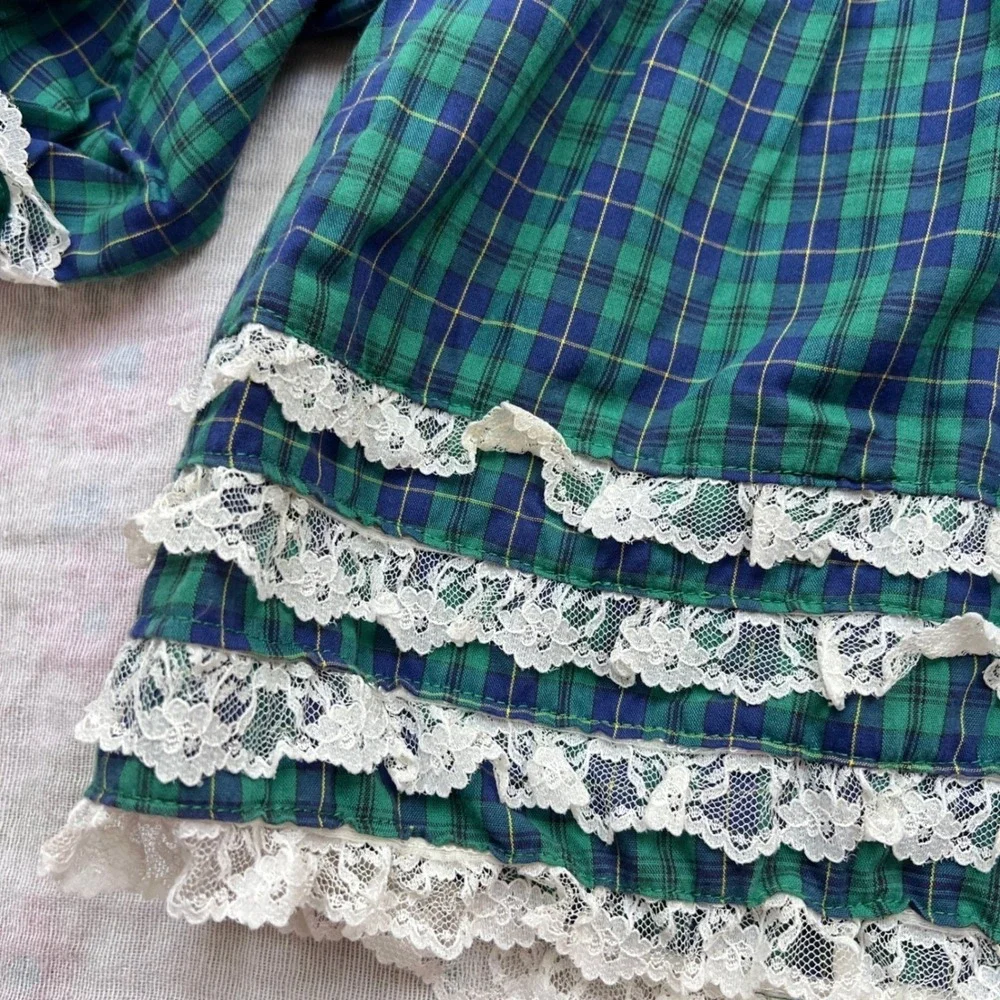 Plaid Lace Ruffle Dress‎ Girls 2T Green Tartan Prairie Cottagecore